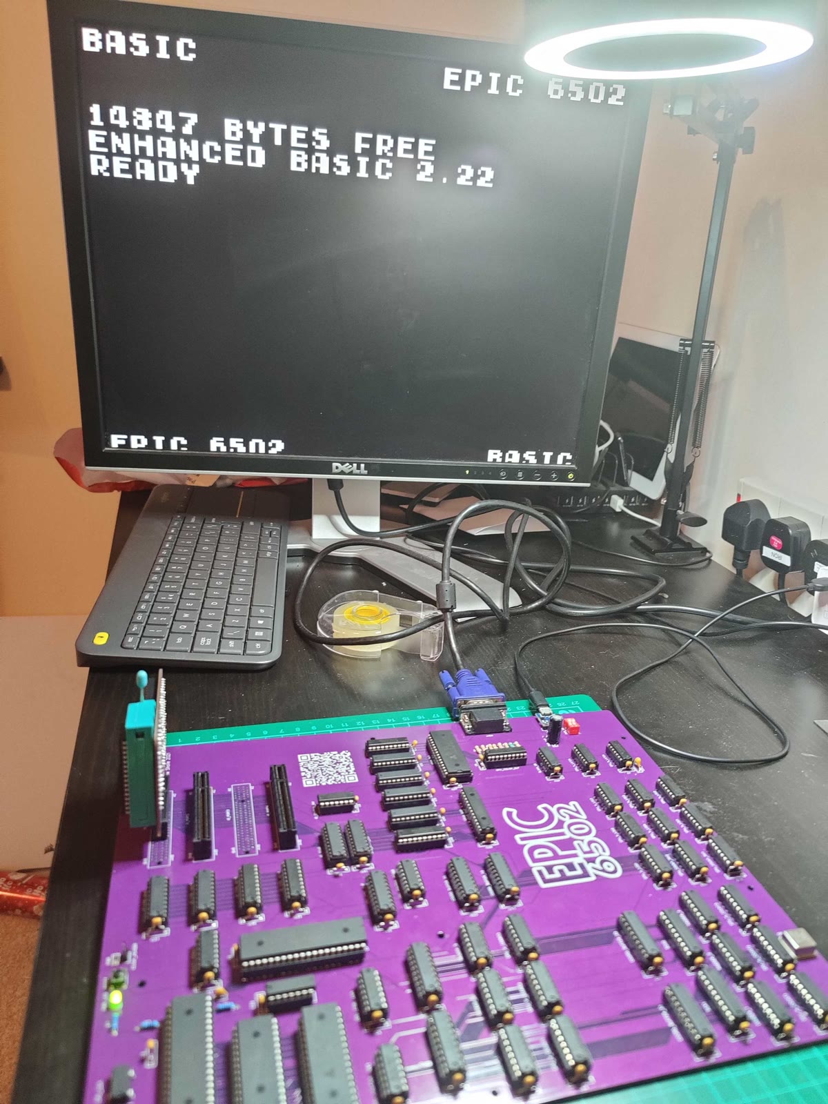 Enhanced BASIC 2.22 running on the monitor, with the cartridge plugged into the board